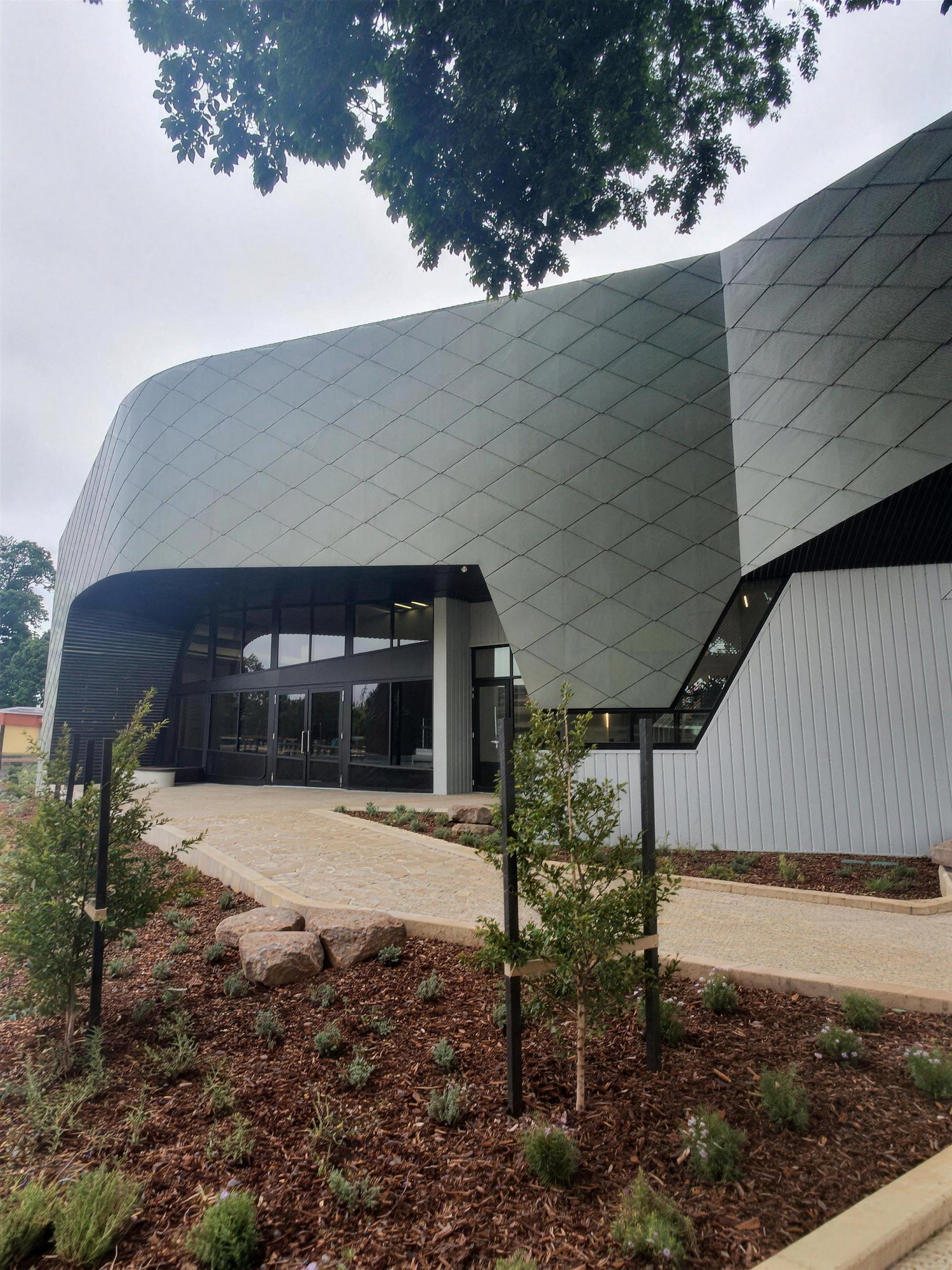 Hills Hub community building exterior with angular cladding